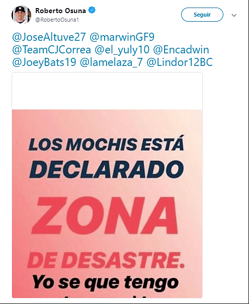 Incluso en un tuit le pide ayuda a grandes peloteros como José Altuve, Marwin González, Carlos Correa, Edwin Encarnación, José Bautista, José Reyes o José Lindor. Denota solidaridad.