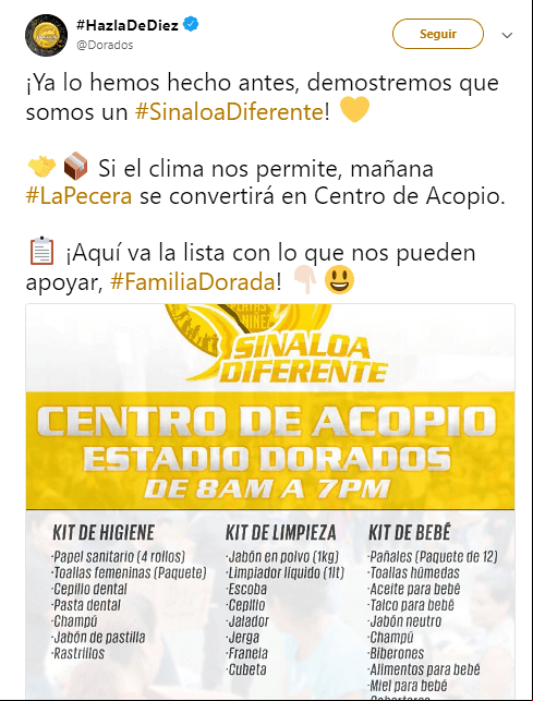 Los Dorados de Sinaloa, basados en Culiacán, están contemplando la posibilidad de utilizar el Estadio Banorte como centro de acopio para damnificados.