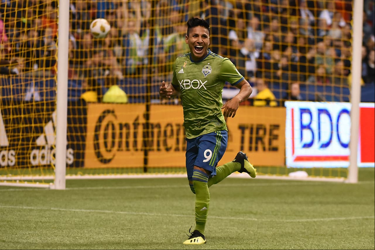Sep 15, 2018; Vancouver, British Columbia, CAN; Seattle Sounders forward Raul Ruidiaz (9) celebrates his goal against Vancouver Whitecaps goalkeeper Stefan Marinovic (1) (not pictured) during the first half at BC Place. Mandatory Credit: Anne-Marie Sorvin-USA TODAY Sports