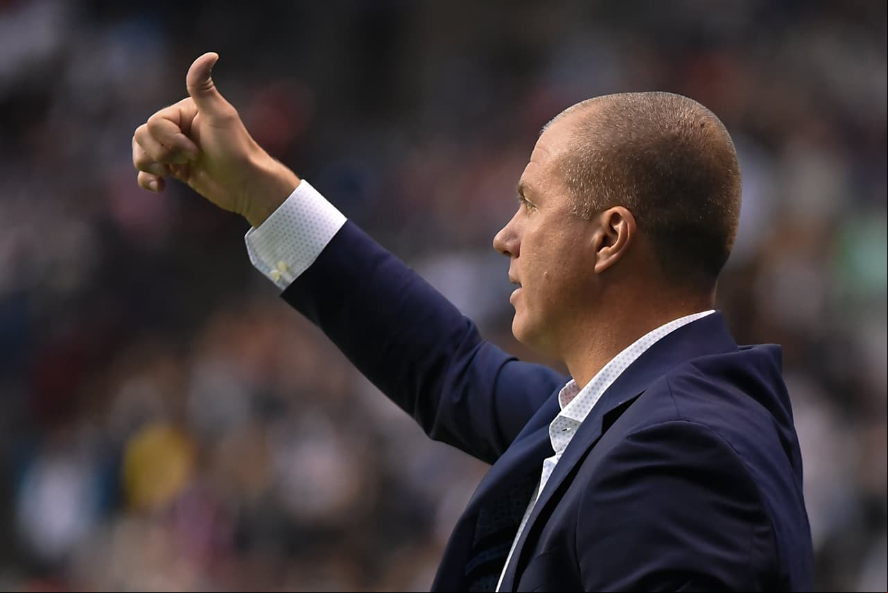 Oct 28, 2018; Vancouver, British Columbia, CAN; Portland Timbers head coach Giovanni Savarese signals form the sideline during the first half against the Vancouver Whitecaps at BC Place. Mandatory Credit: Anne-Marie Sorvin-USA TODAY Sports
