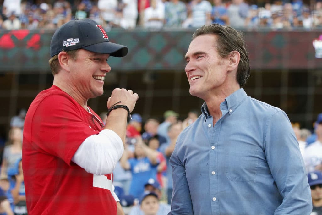 LOS ANGELES, CA - OCTOBER 28: Actor Matt Damon and Billy Crudup attend Game Five of the 2018 World Series between the Los Angeles Dodgers and the Boston Red Sox at Dodger Stadium on October 28, 2018 in Los Angeles, California. (Photo by Sean M. Haffey/Getty Images)