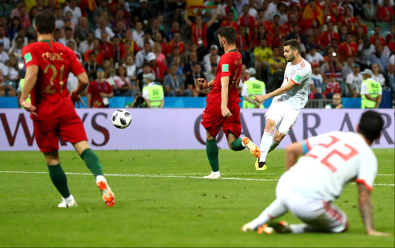 SOCHI, RUSSIA - JUNE 15: Nacho of Spain scores his team's third goal during the 2018 FIFA World Cup Russia group B match between Portugal and Spain at Fisht Stadium on June 15, 2018 in Sochi, Russia. (Photo by Dean Mouhtaropoulos/Getty Images)