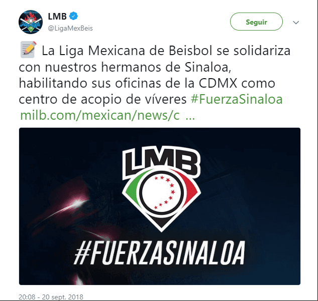 La gente de la Liga Mexicana de Beisbol, en la cual hay un alto porcentaje de peloteros nacidos en Sinaloa, mandan buenas vibras a la comunidad en ese estado tras las inundaciones.