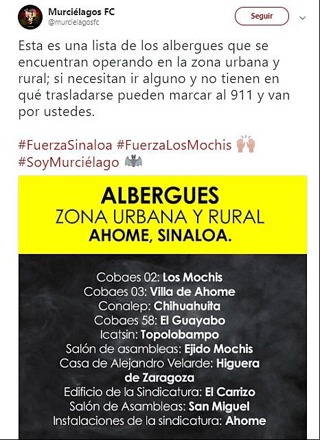 El club de segunda división los Murciélagos FC comunican los albergues para aquellos cuyas viviendas hayan quedado inhabitables, por desgracia.