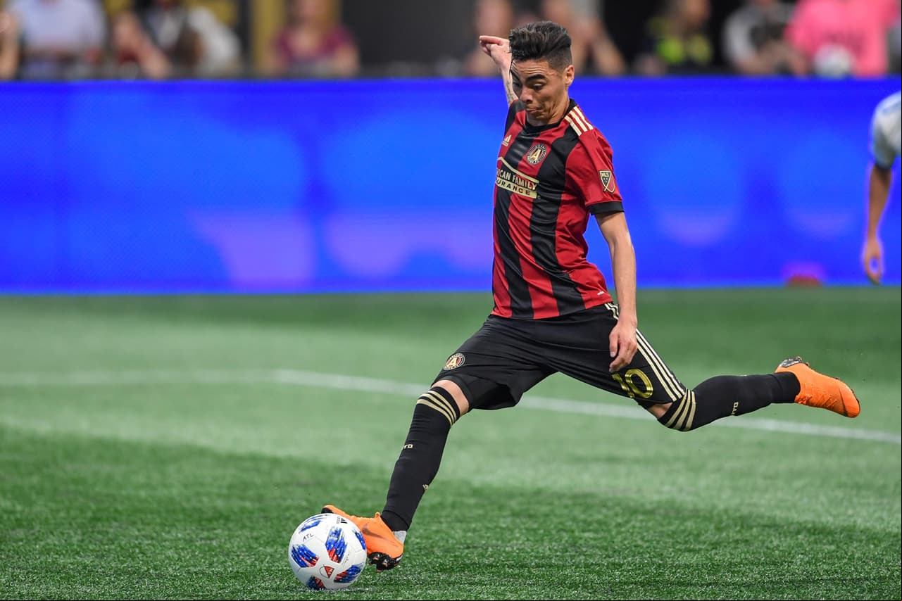 Apr 28, 2018; Atlanta, GA, USA; Atlanta United midfielder Miguel Almiron (10) scores a goal on a penalty kick against the Montreal Impact during the second half at Mercedes-Benz Stadium. Mandatory Credit: Dale Zanine-USA TODAY Sports