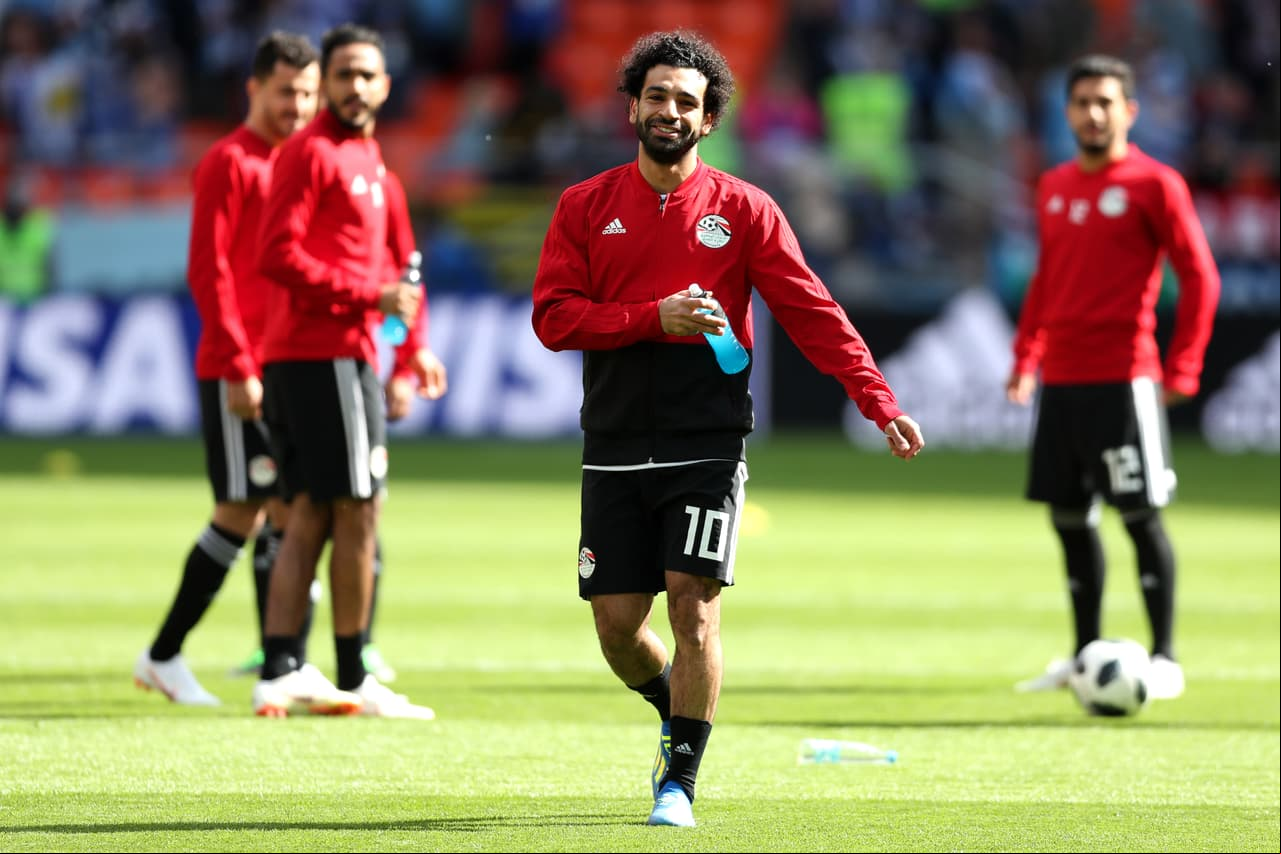 YEKATERINBURG, RUSSIA - JUNE 15: Mohamed Salah of Egypt smiles during warm up prior to the 2018 FIFA World Cup Russia group A match between Egypt and Uruguay at Ekaterinburg Arena on June 15, 2018 in Yekaterinburg, Russia. (Photo by Clive Rose/Getty Images)